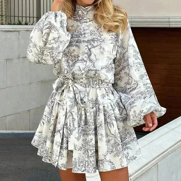 Grey Boho Women's & Elegant Random Print Long Sleeve Tie Waist Loose Dress - Picture 2 of 5